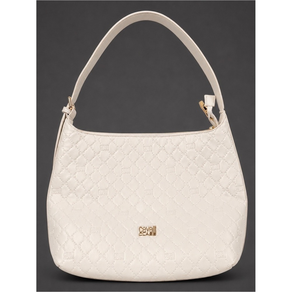 Cavalli Class Cream Quilted Shoulder Bag Gold Logo Plaque Handbag